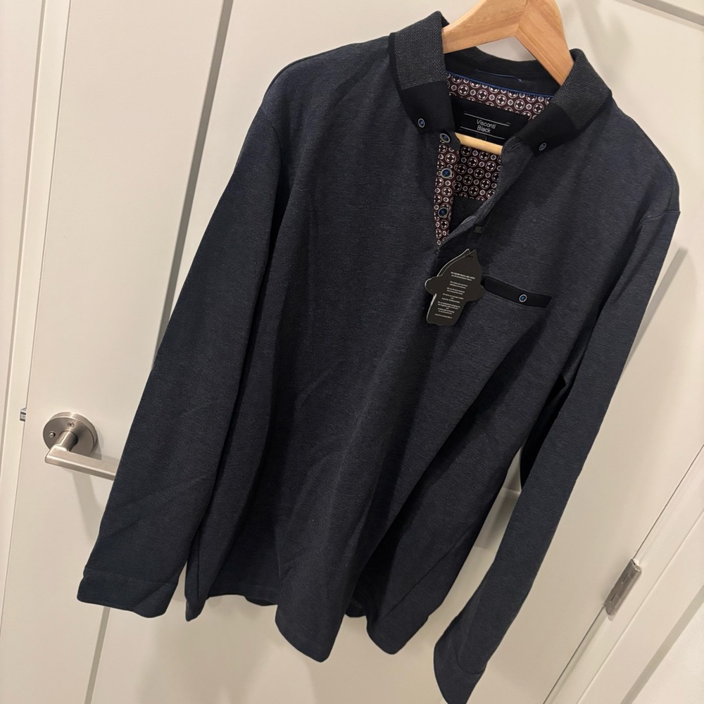 NWT Visconti Black Dark Gray Long Sleeve Polo Shirt XL